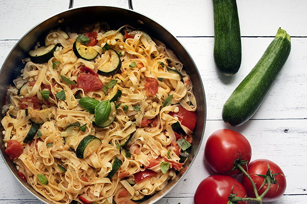 Tomato Basil Fettuccine with Zucchini and Corn